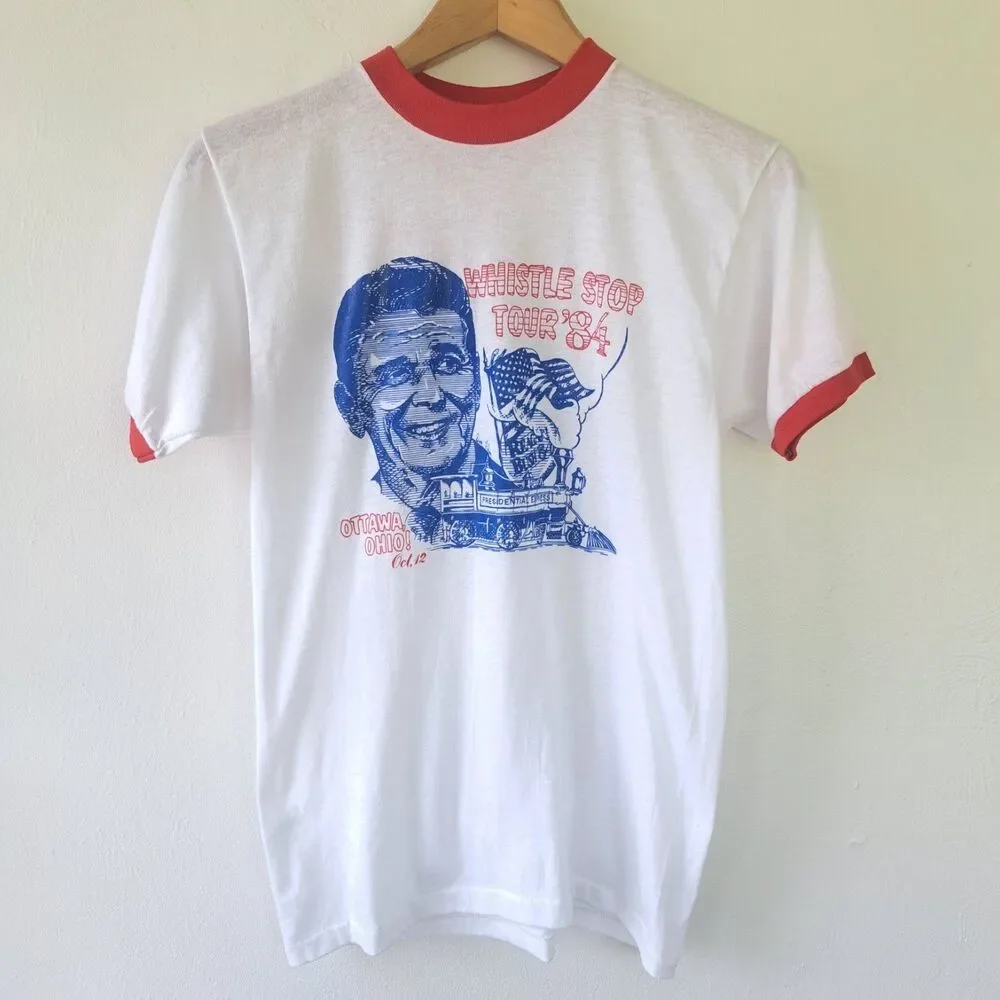 Vintage Political Campaign Ringer TShirt 1984 Reagan Bush Whistle Tour FLAW READ